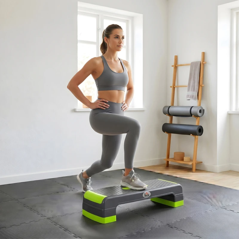 HOMCOM Step Fitness per Aerobica Antiscivolo e Regolabile su 3 Altezze, in PP, 78x28x10/15/20 cm, Verde e Grigio