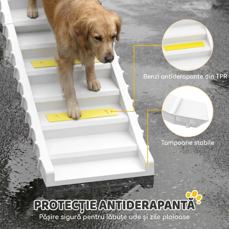 PawHut Rampă Pliabilă pentru Câini pentru Mașină și Paturi Înalte, cu 10 Trepte, Benzi și Covorașe Antiderapante, Albă