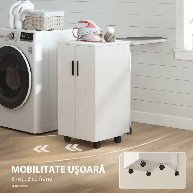 HOMCOM Mobilier pentru Masa de Călcat Pliabil cu Roți, Raft Reglabil și Închidere Soft Close, din Lemn și Material Textil, 128x43x83 cm, Alb