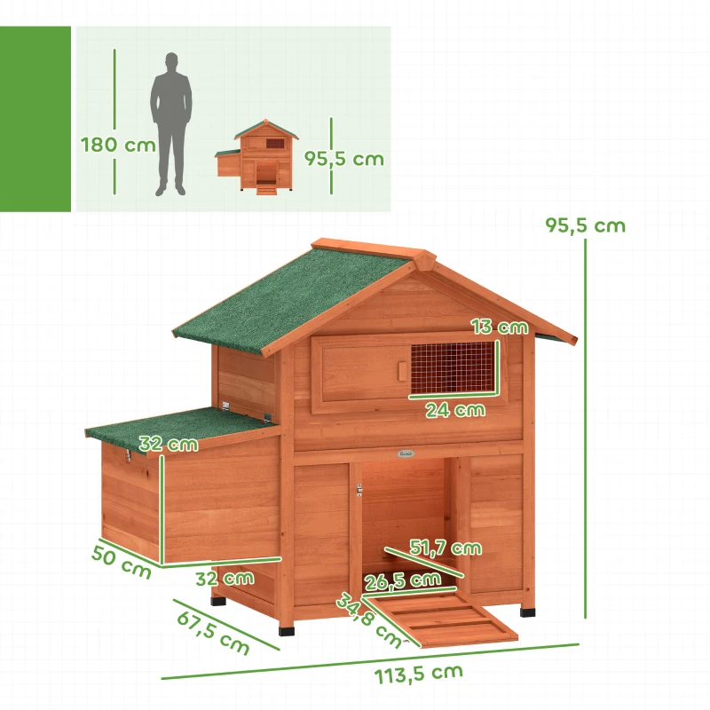 PawHut Pollaio in Legno con Nido, Tetto Impermeabile, Vassoio Estraibile, 2 Trespoli, Rampa, Finestra, per 2 Galline, Anatre,Arancione