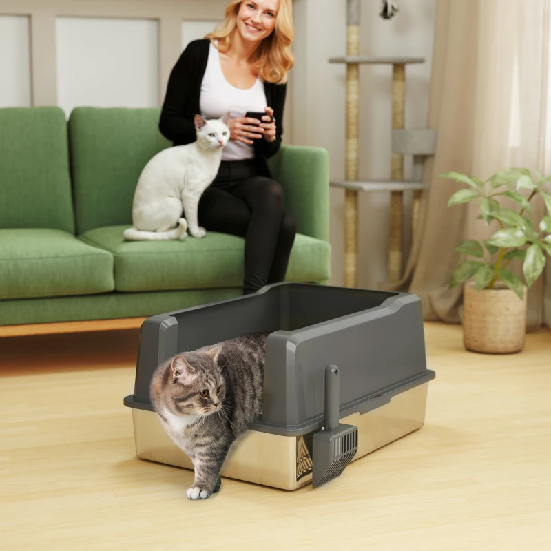 PawHut Bac à litière pour chat en acier inoxydable 85L grande capacité maison de toilette semi-fermée, 71 x 50,8 x 35,5 cm gris