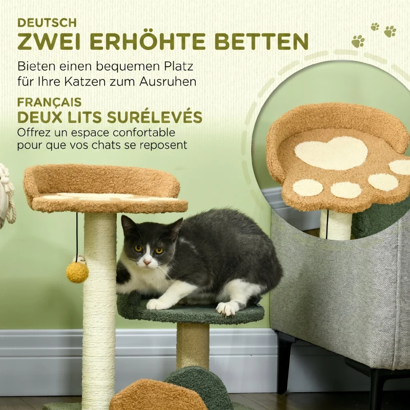 PawHut Copac de Zgariat pentru Pisici cu 2 Platforme Patut, Minge atarnata si Acoperie cu Catifea, 43x39x52cm, Multicolor