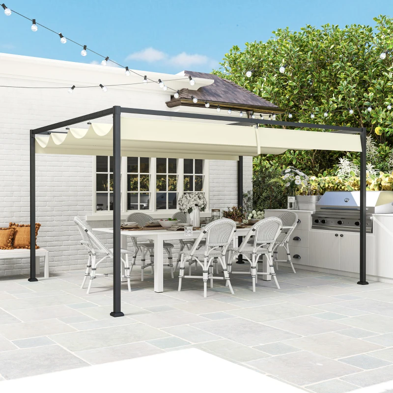 Outsunny Pergola Gazebo da Esterno 4x3 m con Tettuccio Retrattile in Metallo e Poliestere, Crema