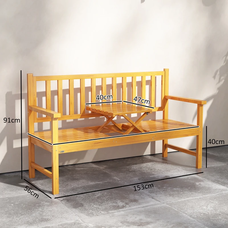 Outsunny Wooden Bench with Liftable Middle Table, Outdoor Bench, Patio Loveseat for Porch, Garden, Seats 2-3 People