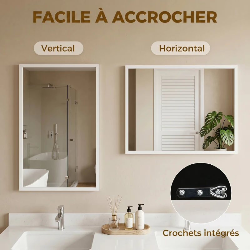 HOMCOM Specchio da Parete Rettangolare con Ganci, in Vetro e MDF, 50x70 cm, Bianco