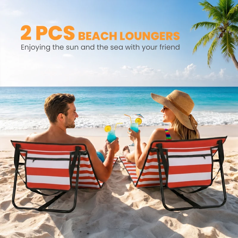 Outsunny Set of 2 Foldable Garden Beach Chair Mat, Outdoor Sun Lounger Seats with Adjustable Back, Magazine Pocket, Carry Strap