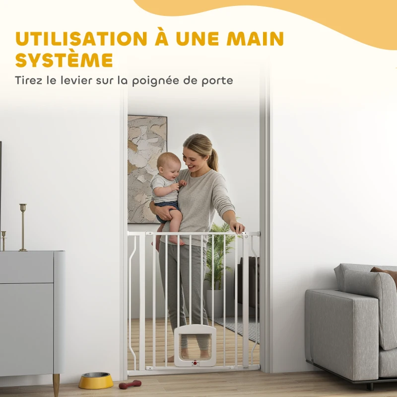 PawHut Barrière de sécurité chien extensible 75-85 cm, barrière d'escalier double verrouillage, hauteur 76 cm, blanc