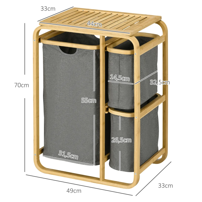 HOMCOM Panier à linge panier de rangement corbeille à linge bac linge sale en bambou 3 paniers - 49l x 33P x 70H cm gris