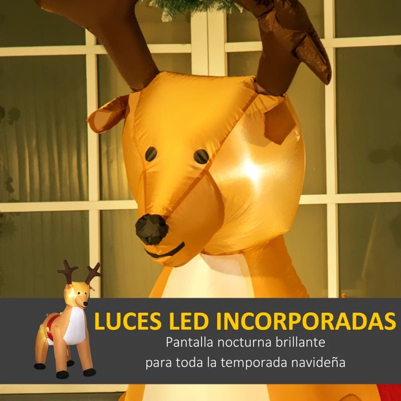 HOMCOM Reno Inflable de Navidad de 180 cm con Luces LED Ventilador Interno y Accesorios Poliéster IP44 Marrón