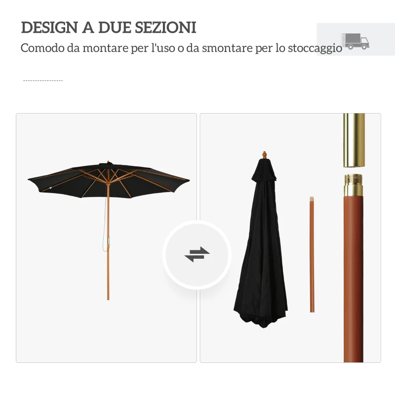 Outsunny Ombrellone da Giardino 3 m con Palo in Legno, 8 Stecche e Parasole in Poliestere, Nero