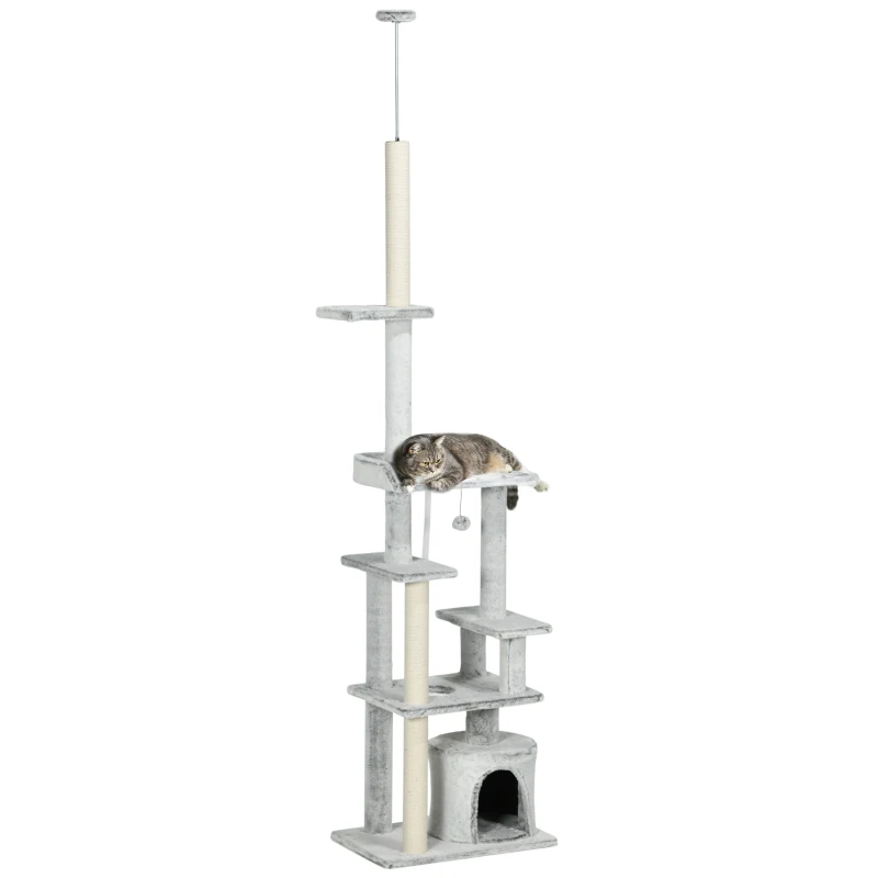 PawHut Albero Tiragraffi per Gatti a Soffitto con Piattaforme e Casetta, 60x40x225-255cm, Grigio