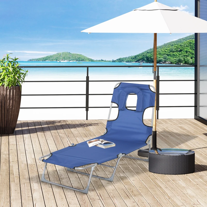 Outsunny Tumbona Reclinable y Plegable de Jardín con Orificio de Lectura Reposacabezas y Respaldo Ajustable en 5 Niveles para Playa 182x56x28 cm Azul