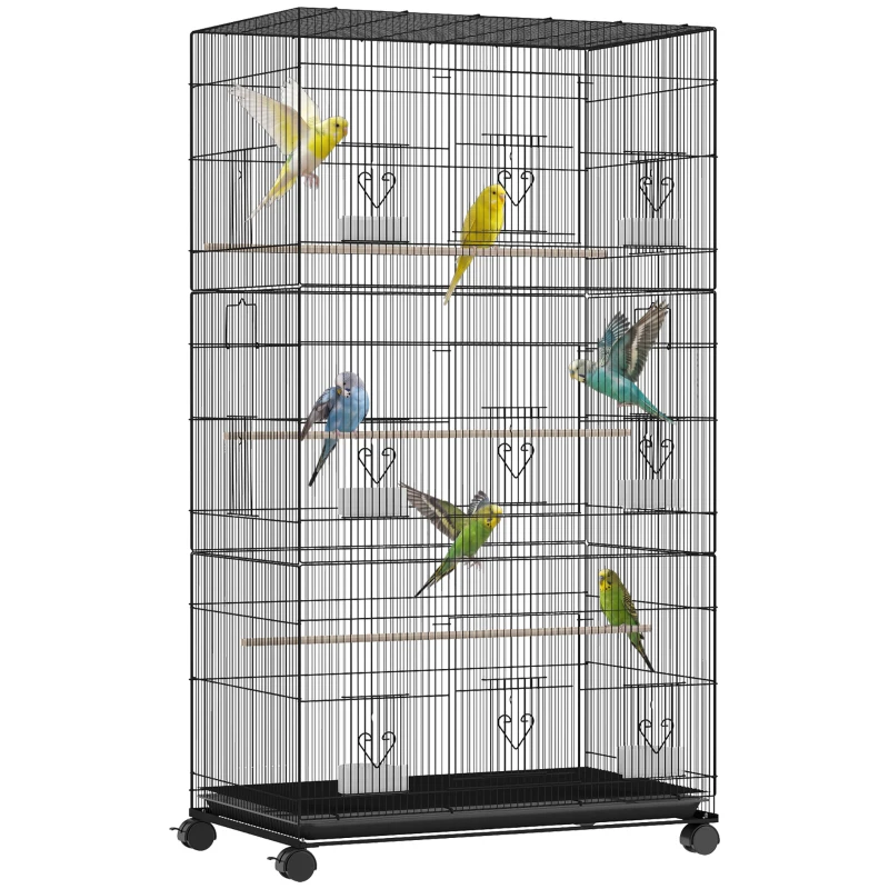 PawHut Colivie Mare pentru Păsări cu Roți 6 Hrănitoare Tavă Detașabilă Uși Multiple 3 Bârne 77x46,5x141 cm Negru