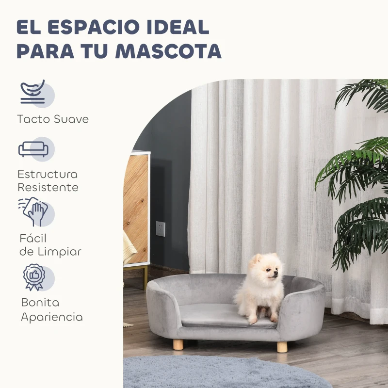 PawHut Sofá para Perros Pequeños con Patas de Madera Funda Lavable y Cojín Desmontable 86x55x33 cm Gris Claro