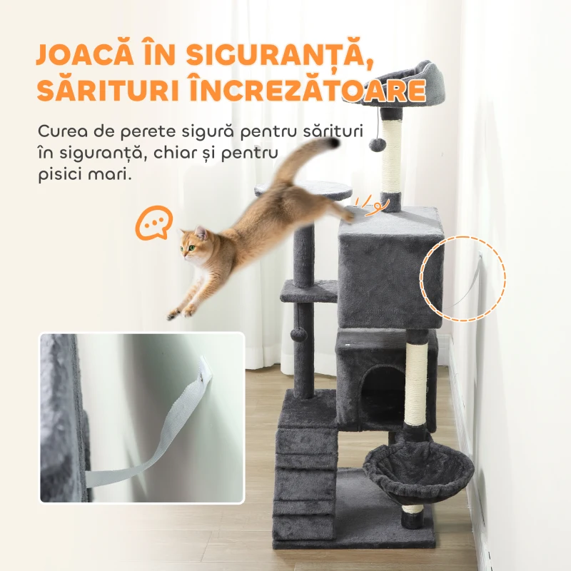 PawHut Arbore pentru Pisici Înalt de 140 cm cu 2 Cuști, Pat și Hamac pentru 2-3 Pisici, Acoperit cu Pluș, Gri