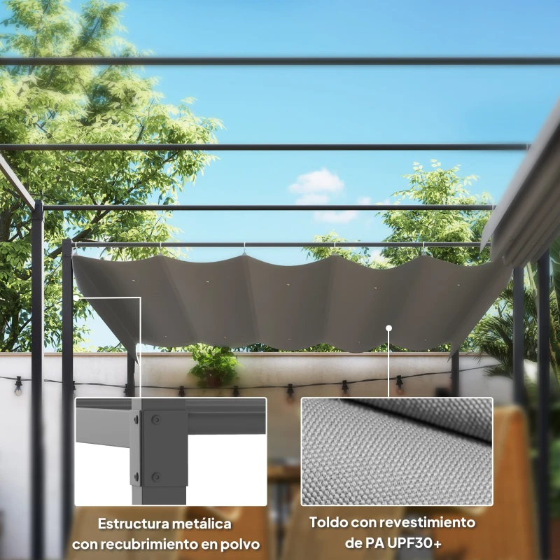 Outsunny Pérgola con Techo Retráctil Pérgola de 3x3 m con Cierre Magnético Protección UV30+ Pabellón para Jardín Patio Gris