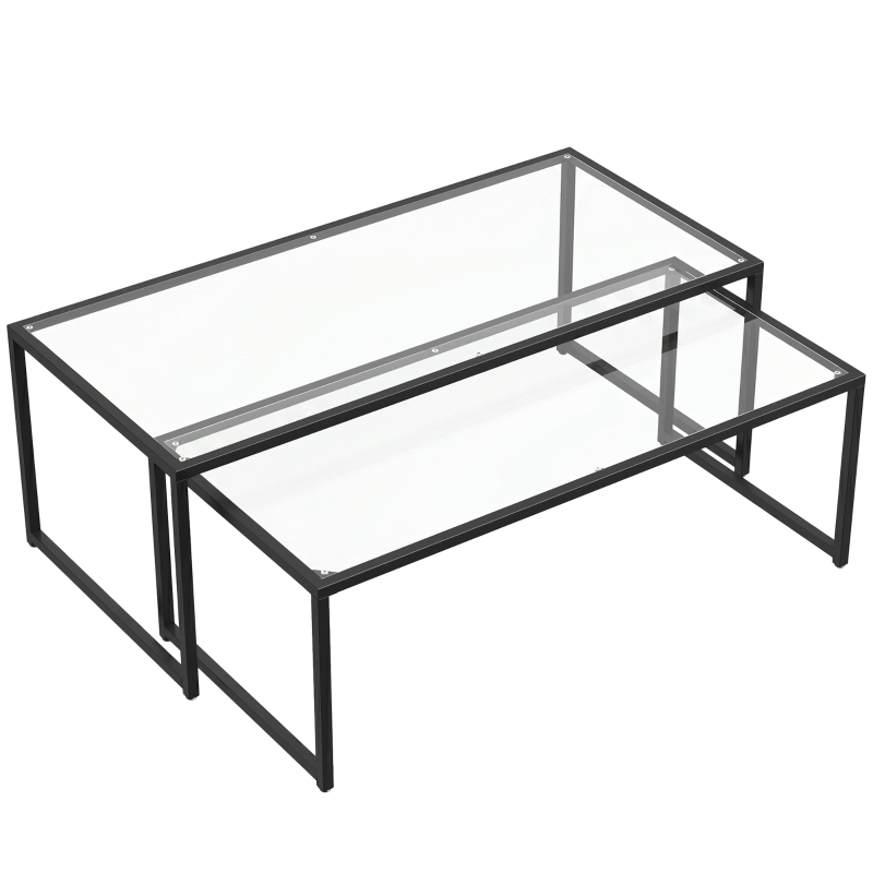 HOMCOM 2er-Set Couchtische, Glastische, mit pulverbeschichtetem Stahl, Schwarz + Transparent