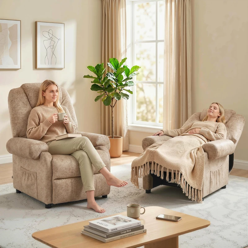 HOMCOM Sillón Relax Reclinable Manual, Sillón Relax de Terciopelo con Reposabrazos, Reposapiés, Acolchado Grueso, Butaca Reclinable hasta 135º para Salón, Dormitorio, Oficina, Beige