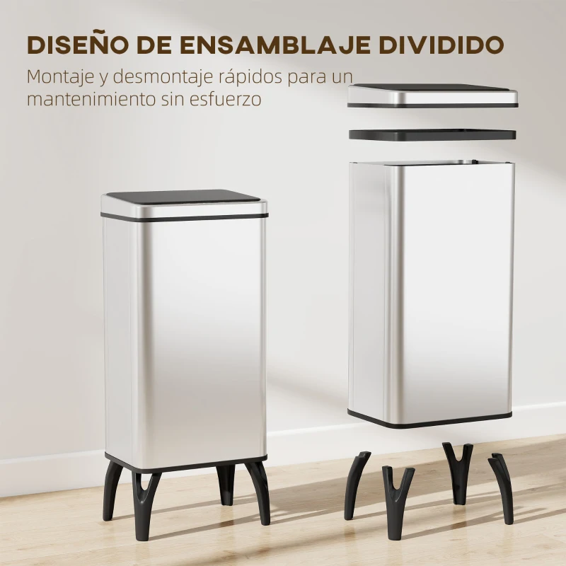 HOMCOM Cubo de Basura Cocina Automático 50L, Papelera de Cocina de Acero Inoxidable con Sensor Infrarrojo, Cierre Suave, Plata