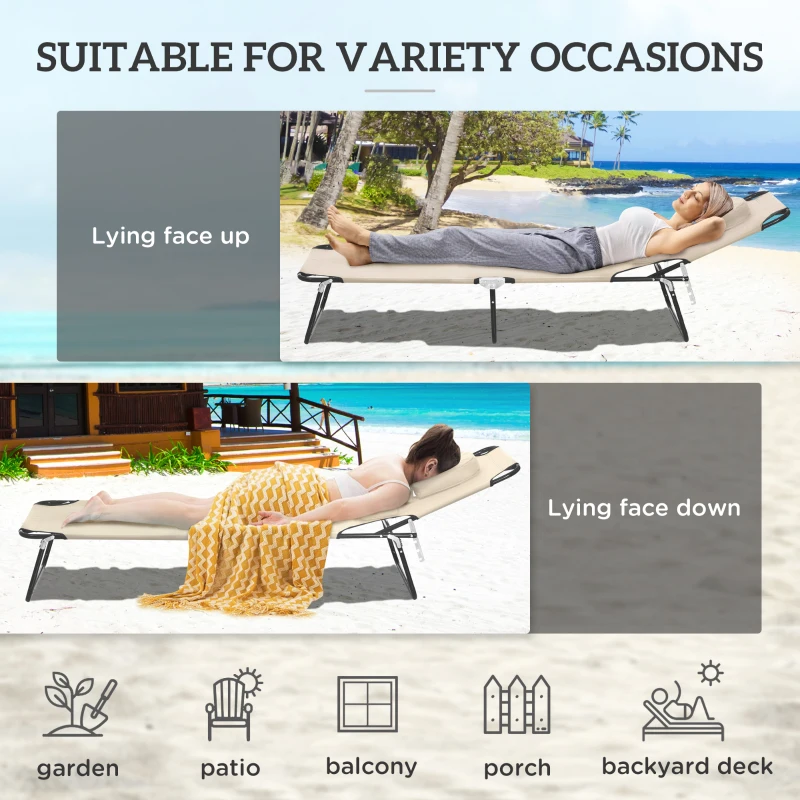 Outsunny Outdoor Foldable Sun Lounger, 4 Level Adjustable Backrest Reclining Sun Lounger Chair with Pillow and Reading Hole, Beige