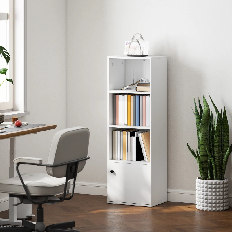 HOMCOM Librería de 4 Niveles Estantería para Libros Moderna con Estantes Abiertos y Puerta 40x30x120 cm Blanco