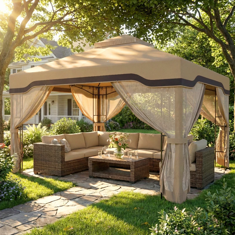 Outsunny 3 x 3.6 m Outdoor Garden Gazebo with Post Shelves, UPF50+ Patio Permanent Pavilion with Hook, Khaki
