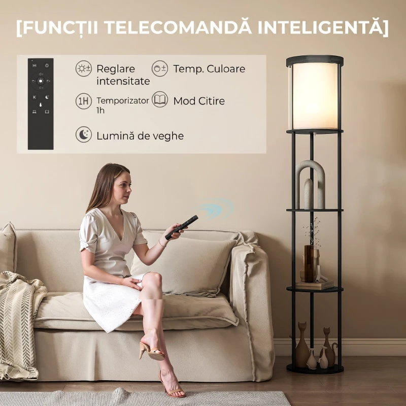HOMCOM Lampă de Podea LED cu Rafturi Rotunde, Abajur Textile, Comutator cu Pedală și Telecomandă, Negru