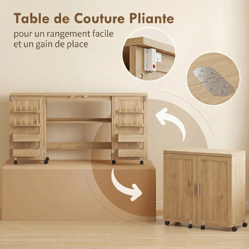 HOMCOM Table de couture pliante, meuble couture à roulettes, 2 portes magnétiques, 4 bacs, 20 crochets, 160x40x83cm, chêne