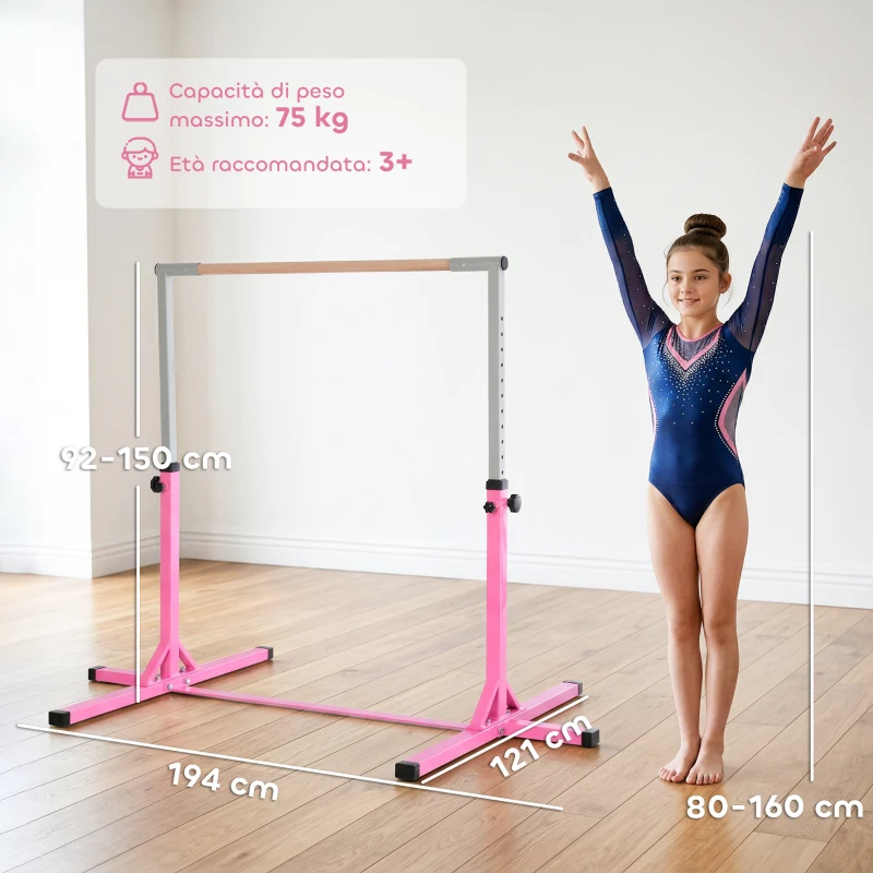 HOMCOM Barra da Ginnastica Artistica per Bambini 3+ Anni con Altezza Regolabile 92-150 cm, in Acciaio e Legno Massello di Faggio, Sbarra Orizzontali Danza Attrezzatura Palestra Antiscivolo, Rosa