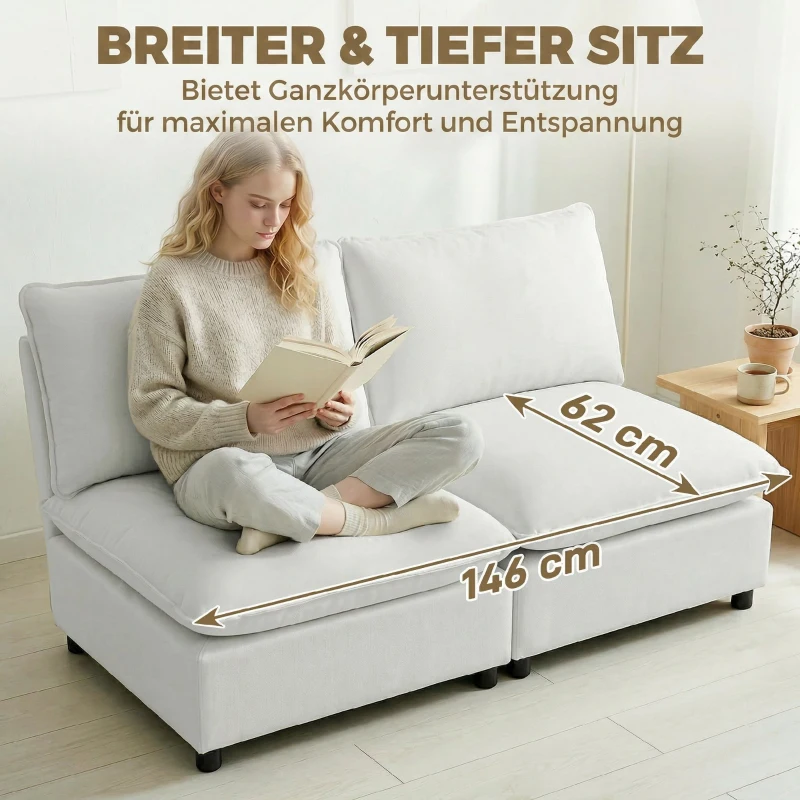 HOMCOM 2-Sitzer-Sofa, 146 cm Kunstleder-Modularsofa mit breiter und tiefer Sitzfläche, dicken Kissen, einfache Montage, Grau
