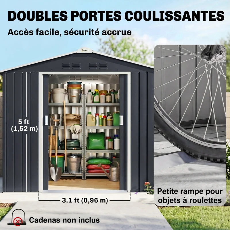 Outsunny Abri de jardin en métal 2,42 m² cabane de jardin 213 x 130 x 185 cm avec fondation, porte coulissante gris foncé