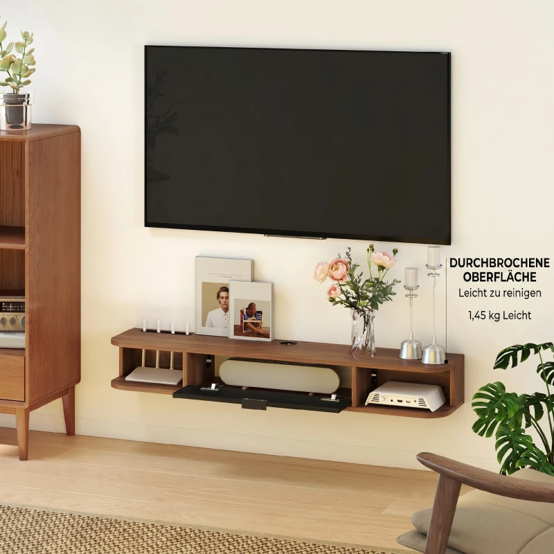 HOMCOM Mobilier TV Suspendat, Suport TV pentru Televizoare până la 50", cu Sertar Rabatabil, 2 Rafturi Deschise și Orificiu pentru Cabluri, Mobilier pentru Living, Dormitor și Cameră de Zi, 120x24x16 cm, Nuc