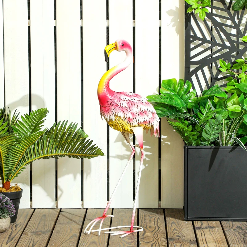 Outsunny Flamingo Garden Statue Ornament, Metal Bird Art Outdoor Statue, Standing Garden Sculpture Gift with Ground Stakes for Pond Landscape Decoration, Pink