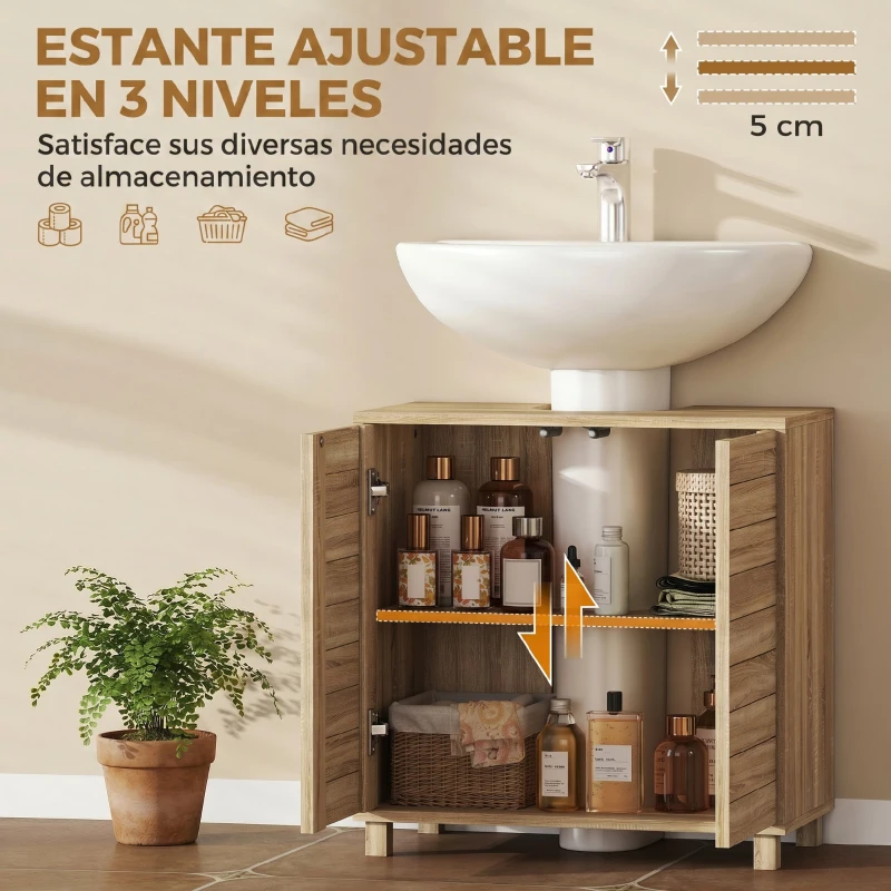 HOMCOM Mueble Bajo Lavabo con Estante Ajustable Puertas de Listones y Apertura por Presión para Lavabo con Pedestal o Pared