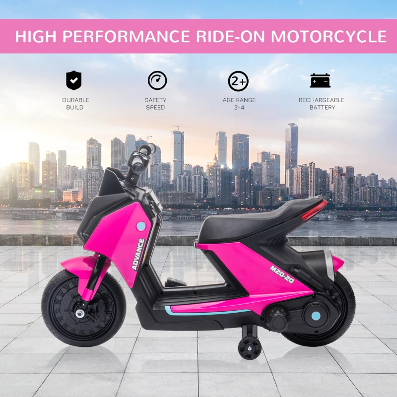 HOMCOM 6V Kids Electric Motorbike Ride On Toy w/ Music LED Lights Training Wheels for Girls Boy 2-4 Years Pink