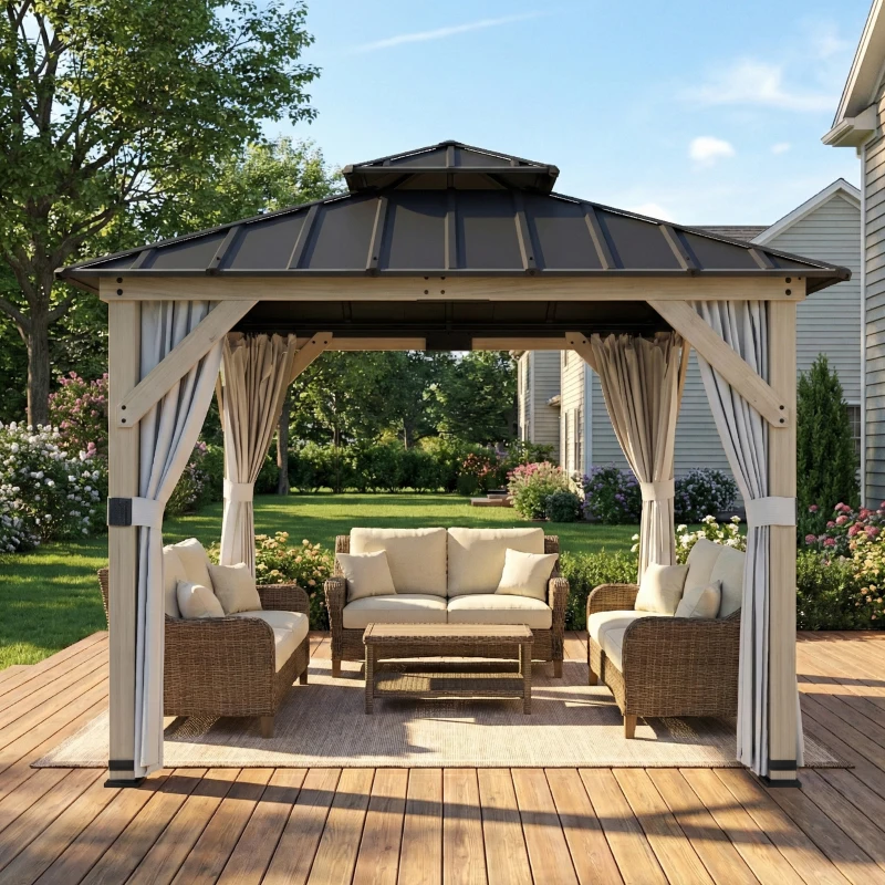 Outsunny 3 x 3 m Outdoor Hardtop Gazebo Canopy with 2-Tier Steel Roof, Wood Garden Gazebo with Curtains, Light Grey