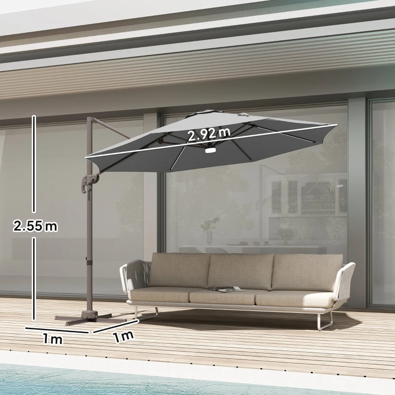 Outsunny Cantilever Parasol, with LED Lights and Cross Base - Dark Grey