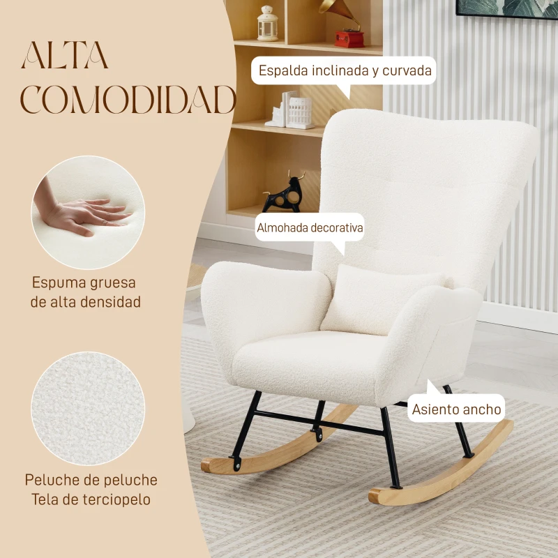 HOMCOM Mecedora de Terciopelo de Teddy con Respaldo Acolchado Almohada y Base de Madera de Caucho Carga 120 kg Crema