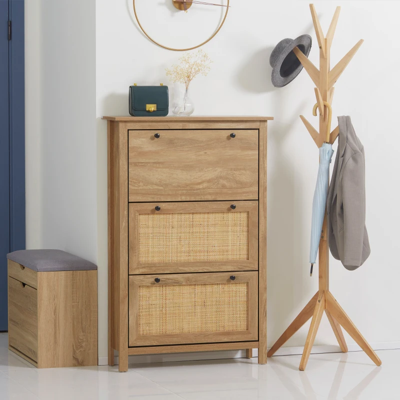 HOMCOM Schuhschrank, bis 18 Schuhpaare, 3 Kippfächer, Rattandekor, Naturholzoptik, 80 x 23,5 x 121,5cm