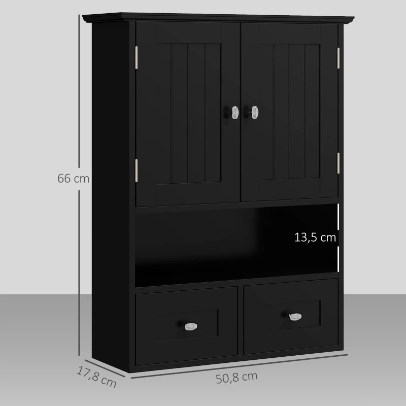 kleankin Armario de Baño de Pared Armario Colgante Mueble Suspendido de Baño con 2 Puertas y 2 Cajones 50,8x17,8x66 cm Negro