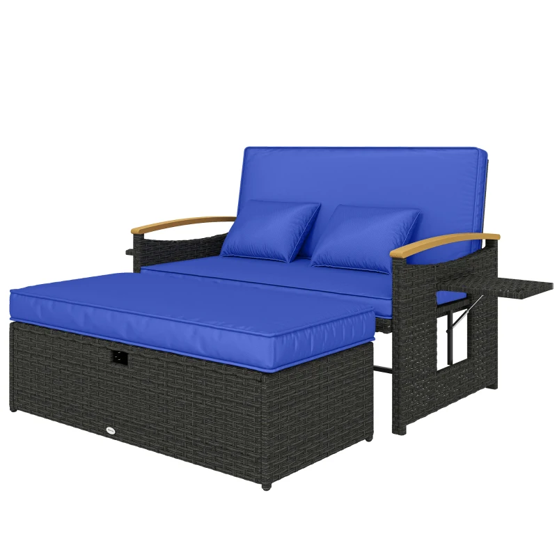 Outsunny Double Garden Rattan Daybed, Wicker Sun Bed Chaise Lounger with Storage Ottoman, 4-Level Adjustable Backrest, Brown