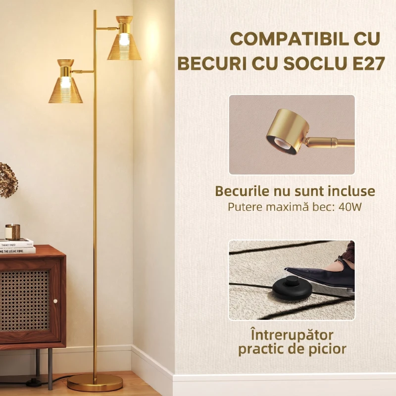 HOMCOM Lampă de Podea Modernă cu 2 Surse de Lumină și Abajururi Reglabile, Întrerupător cu Pedală, Auriu