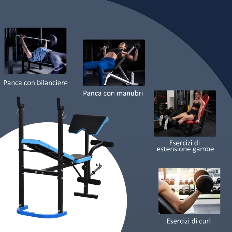 HOMCOM Panca Multifunzione con Supporto Bilanciere e Schienale Regolabile, in Acciaio e PU, 155x56.5x120 cm, Nero e Blu