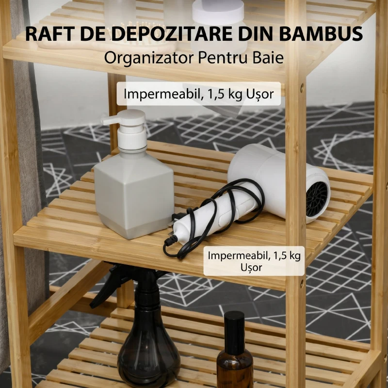 HOMCOM Coș pentru rufe din bambus și poliester cu masă de călcat și raft cu 3 niveluri, 113x34x82 cm
