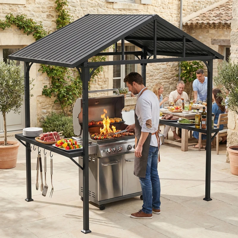 Outsunny Grillpavillon 2,52 x 1,56 m, Wasserdicht Grill Pavillon mit Satteldach Seitenablage Haken Stahlrahmen Schwarz