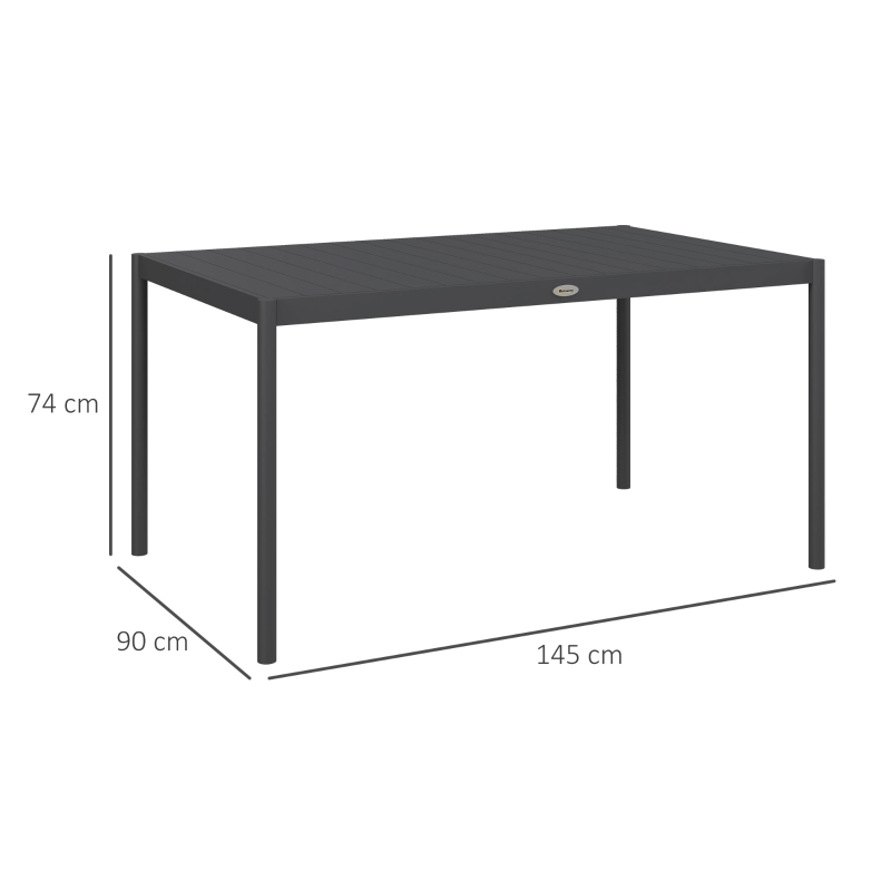 Outsunny Masă de Grădină cu Lamele, Dimensiuni 145x90 cm, Masă de Dining pentru 6 Persoane, Rectangulară, din Aluminiu și Oțel, pentru Curte, Terasă, Balcon și Exterior, Gri Închis