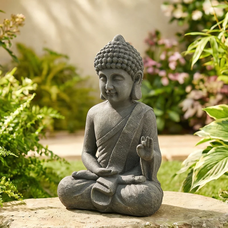 Outsunny Statue de Jardin, Sculpture de Bouddha Assis en Oxyde de Magnésium, Décoration Spirituelle 32 x 23 x 51 cm, Gris Foncé