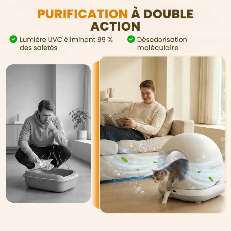 PawHut Litière Chat Autonettoyante 72L, Purification Action, Contrôle par App, Protection de Sécurité, 58,1x47,5x53cm, Blanc
