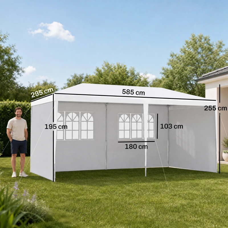 Outsunny Carpa de Jardín 6x3m con 4 Paredes Laterales 2 Ventanas Visibles Cenador Gazebo de Exterior para Fiestas Eventos Blanco