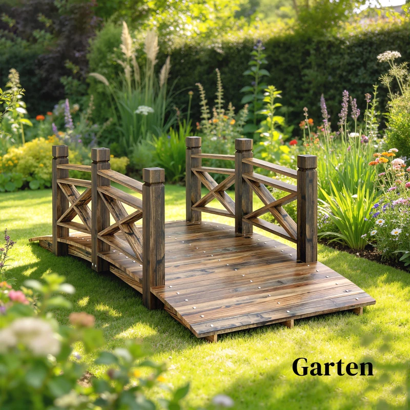 Outsunny Holzbrücke mit Geländer Gartenbrücke aus Tannenholz Teichbrücke mit Antik-Optik, begehbar 174 x 78 x 57,5 cm Verkohlt